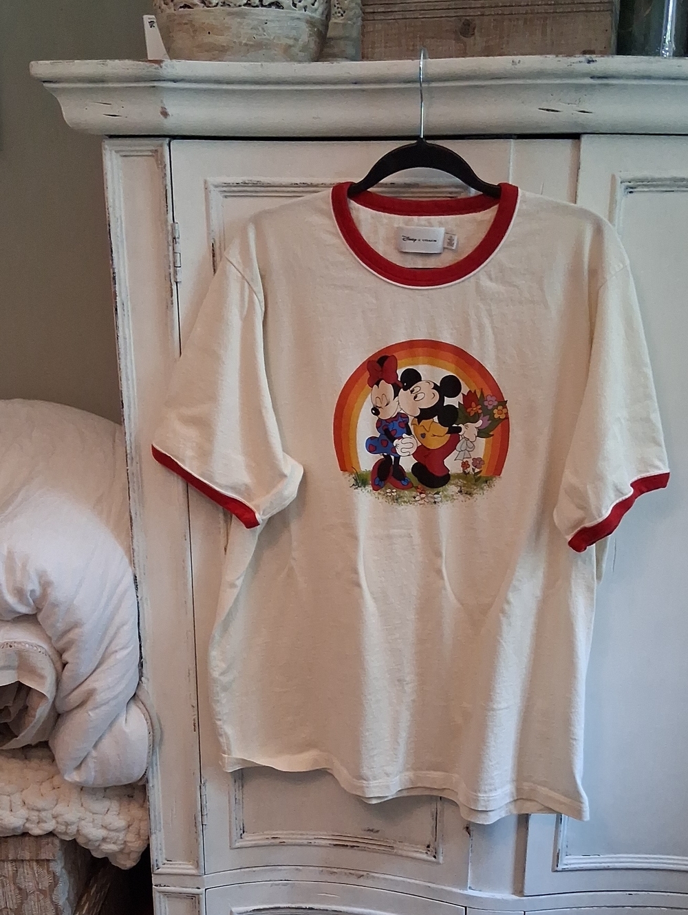 Disney Cream Short-Sleeve Tee with Red Trim and Rainbow Mickey & Minnie Graphic